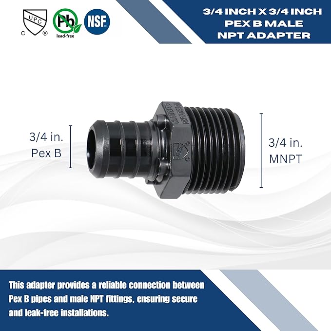 10 Pieces XFITTING 3/4" Pex x 3/4" Male NPT Adapter, Poly Alloy Male, Plastic Male - Crimp Pex B, Black, 10 Packs