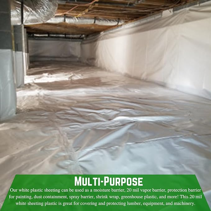 Farm Plastic Supply - Crawl Space Vapor Barrier - 20 mil - White Heavy Duty Plastic Sheeting - Thick Polyethylene Film, Drop Cloth Vapor Barrier Covering for Crawlspace and Basement (24' x 100')