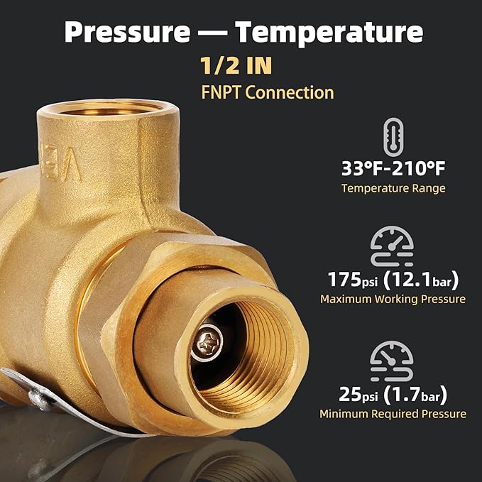 1/2 Inch 9D-M3 Backflow Preventer Brass Dual Check Valve with Intermediate Atmospheric Vent,1/2 Inch,Female Union Inlet and Outlet,190T012,Replacement for Watts