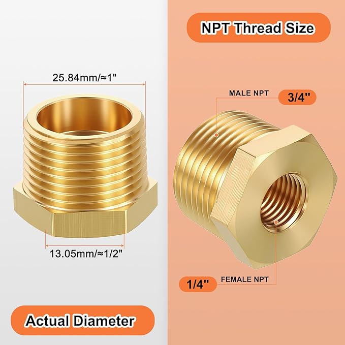 1 Pack Male to FeMale Adapters, 3/4" Male NPT x 1/4" FeMale NPT Brass Hex Bushing Reducer for Industrial, Automotive, Fluid Transfer, Home Gardening, Water Treatment