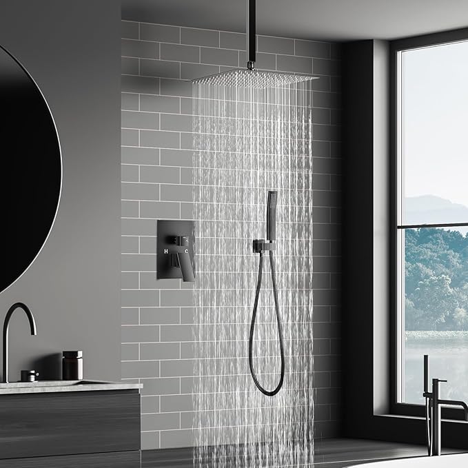 JOMEOO® 12 Inch Matte Black Shower System, Ceiling Mounted High Pressure Rain Shower Head with Handheld Sprayer, Bathroom Luxury Black Shower Head Shower Faucet Set Rough in Valve Body and Trim