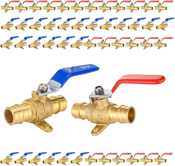 50-Pack Foskan Brass PEX-A Expansion Drop Ear Full Port Ball Valve, 1" Shut-off Valve for Hot and Cold Water Distribution(Blue and Red)
