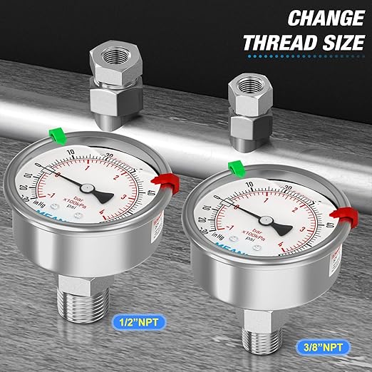 MEANLIN MEASURE -30inHG~60Psi Vacuum Pressure Gauge 316 Stainless Steel Joint 1/4"NPT 2.5"FACE DIAL, Liquid Filled Pressure Gauge WOG Water Oil Air Back Mount with Stainless Steel Hex Bushing, Snaps