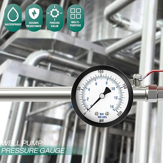 0-200PSI Well Pump Pressure Gauge 2" Dial Size, 1/8" NPT Back Mount, 3-2-3% Accuracy, for Tube, Water Pump, Gas, Liquid, Pressure Test