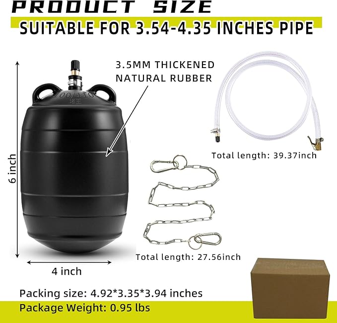 Test-Ball Pipeline Plugging Air Bag,Sewer Test Plug，Water Shut Off Airbag, Rubber Plumbing Balloon，Inflatable Pipe Test Plug，Used for Drainage Pipe, Sewage Pipe Temporary Water Blocking (4 Inchs)