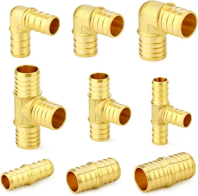 GASHER 18Pcs No Lead Brass Pex Fittings Set 1/2",3/4",1" PEX Elbow, Tee and Coupling for Pex Tubing
