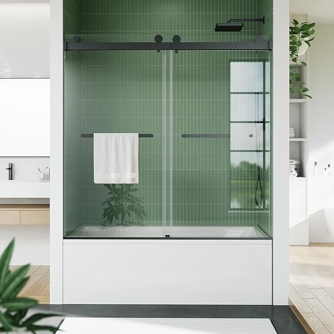 Frameless Double Sliding Shower Door - 56 to 60 Inch Adjustable Width x 59 Inch Height, 1/4" (6mm) Clear Tempered Glass with Easy-Clean, Space-Saving Bypass Design, Matte Black Finish for Bathroom