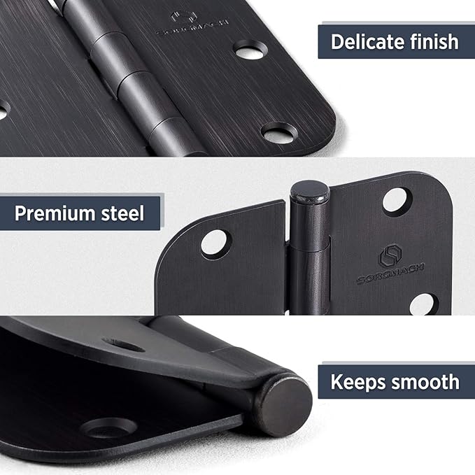 Door Hinges 3 1/2 Inch Matte Black 3.5 Inch Interior Hinges 5/8" Radius Round Door Hinge 3 1/2 Inch Iron Hinge 3 ½"x 3 ½" Door Hardware- 18 Pack