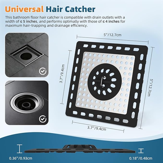 Hibbent 2 Pack Upgraded Shower Drain Hair Catcher, Shower Drain Cover for Bathroom Floor 4" Drain, Anti-Clogging Bathtub Drain Strainer, Stainless Steel Kitchen Sink Drain Strainer with Handle, Black