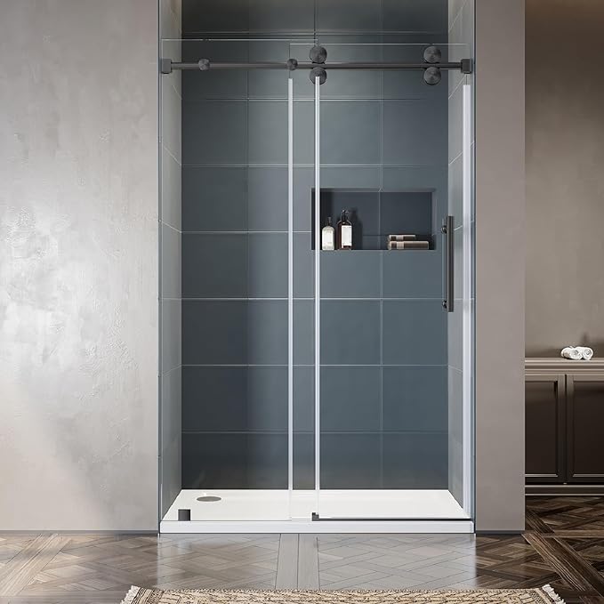 50-55 Inch x 76 Inch Sliding Frameless Shower Door, 3/8" Tempered Glass with Easy-Cleaning Coating, Stainless Steel Rollers & SGCC-Certified Stability, Space Gray