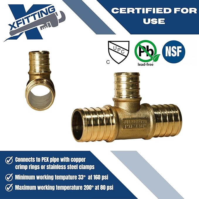 XFITTING 1 inch x 1 inch x 3/4 inch Pex Reducing Tee, Pex B Crimp Version 25-1-6=5X, 5 Pieces