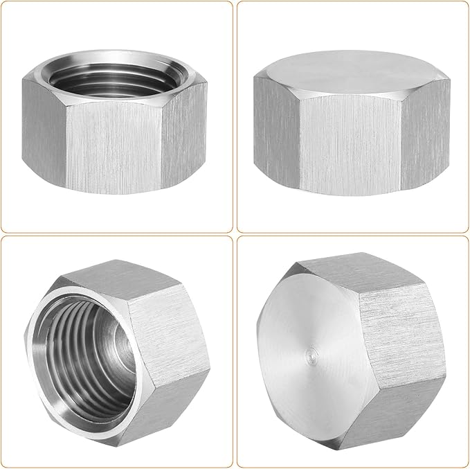 uxcell 4pcs Hex End Cap 304 Stainless Steel Nut with Washer, PT 1/2" Female Thread Pipe Fitting, Gas Line Water Line Stop Valve Cap Tubing Ends for Plumbing Fittings, Silver Tone