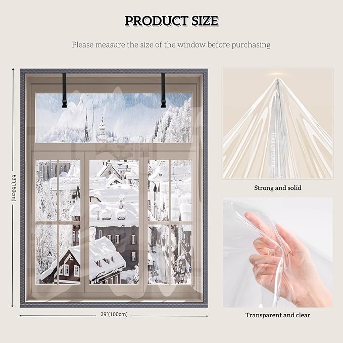 TECUUL Window Insulation for Winter, 39''X63'' Window Insulation Kit Thicken Plastic Transparent Window Film Easy Installation Keep Cold Out Weatherproof Soundproof Thermal Curtain