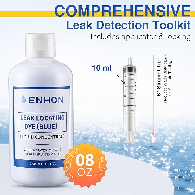 Enhon Pool Leak Detection Dye Kit, 8 oz Blue Dye with Precision Applicators, Easily Locates Leaks in All Pools, Spas, Hot Tubs, Long Lasting Formula, 40+ Refills