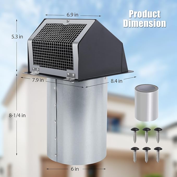 6 Inch Dryer Vent Cover Outside, Black Wall Dryer Vent Cap, No-Pest Metal Vent Covers for House Exterior