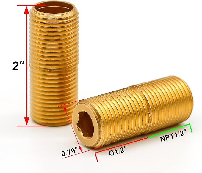 (2 pcs) Brass Pipe Adapter Plumbing, G Thread 1/2" Male to NPT Thread 1/2" Male Pipe Fitting Adapter, Seamless and Leakproof (2" Length)