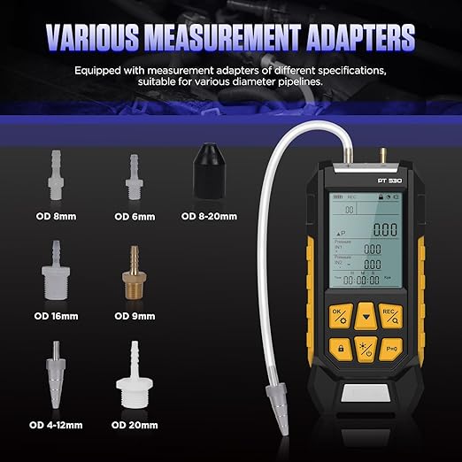 Manometer, Dual-Port HVAC Manometer with 7 Adapters, 10 Units Switch, Data Locking & Storage, Magnetic Back, Gas Pressure Tester, -100~300Kpa, PT530
