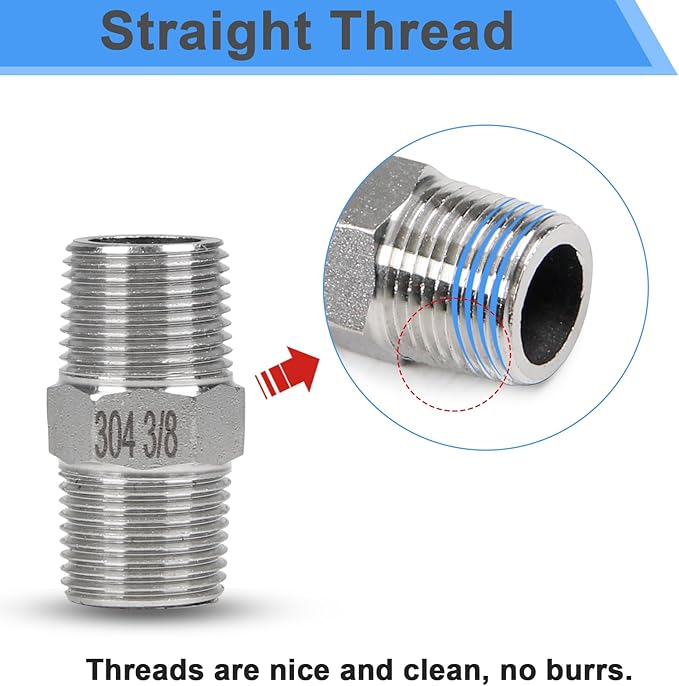 2Pcs 1/4" Male Hex Nipple Pipe Fittings, 304 Stainless Steel Threaded Adapter Fittings, 1/4-inch Male Equal Nipples Connectors, Male Straight Threaded Pipe Fitting