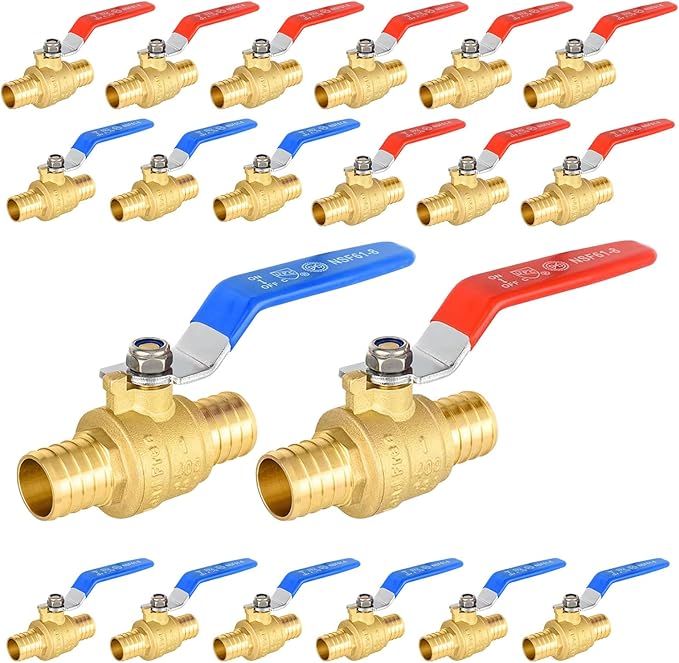 20-Pack Foskan 1" PEX Crimp Ball Valve, Brass Quarter Turn Full Port Shut-off Valve for PEX Tubing(Blue and Red)