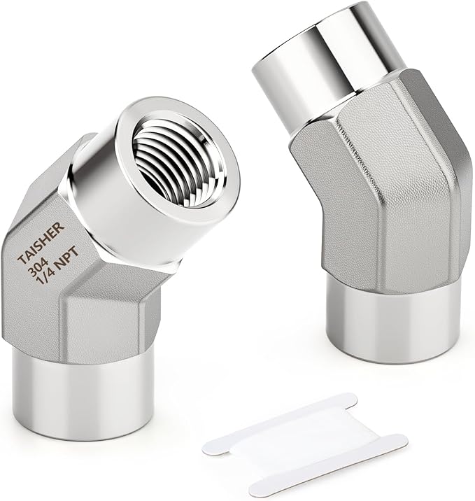 TAISHER 2PCS 304 Stainless Steel 45 Degree Barstock Street Elbow, 1/4" NPT Female x 1/4" NPT Female 304 Stainless Pipe Fitting