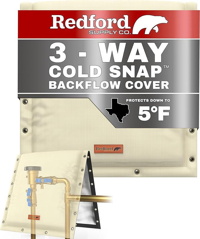 Redford Supply Co. Cold Snap (5°F) Backflow Preventer Insulation Cover, 3-Way Custom, 24"W x 24"H, Pipe Insulation, Water Sprinkler Covers for Outside, Sprinkler Backflow Cover for Winter (Beige)