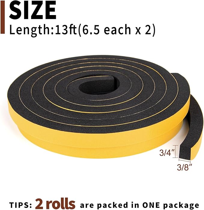 Yotache Foam Weather Stripping Tape 2 Rolls 3/4" W X 3/8" T (New Adhesive Craft), Neoprene Foam Rubber Seal for Door Frame Insulation, Sounproofing, 13 Ft Length (2 X 6.5 Ft Each)