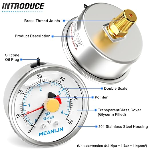 MEANLIN MEASURE 0~60Psi Stainless Steel 1/4" NPT 2.5" FACE DIAL with Reset Pointer Liquid Filled Pressure Gauge WOG Water Oil Air, Back Mount, with Brass Hex Bushing