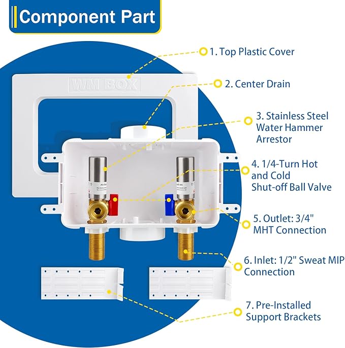 Washing Machine Outlet Box with Center Drain, 1/2" Pex-A F1960 Expansion Inlet x 3/4" MHT Outlet Connection with Hot and Cold 1/4-turn Shut-off Ball Valve and Stainless Steel Water Hammer Arrestor