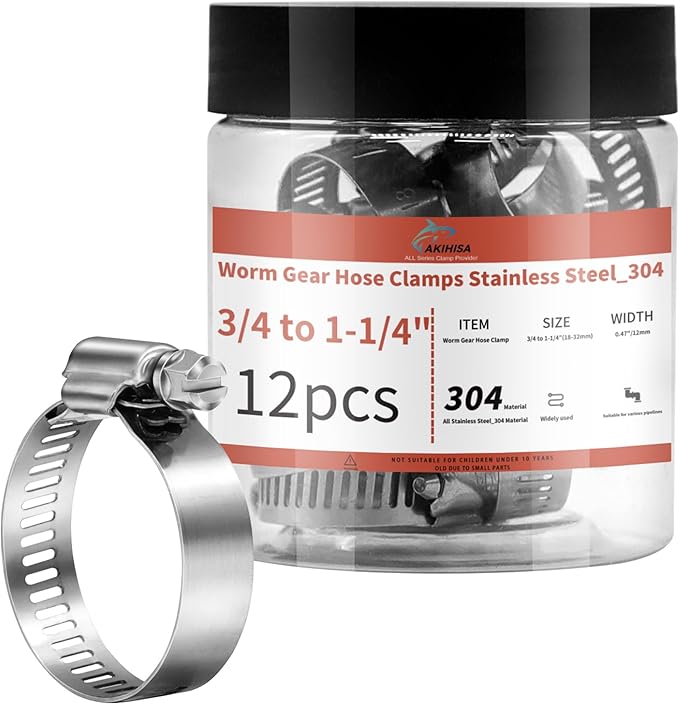 12 Pack 3/4-1 1/4'' Worm Gear Hose Clamps, Adjustable Range 18-32mm 304 Stainless Steel Fuel Line Hose Clamps for Pipe, Plumbing, Automotive And Mechanical Application