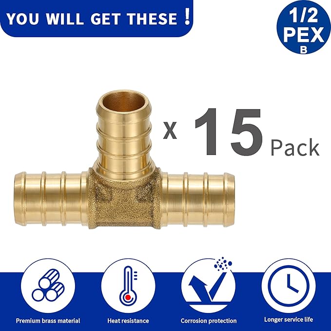 1/2" PEX Brass Tee Tubing & Adapters (Pack of 15, F1807 to F1807)