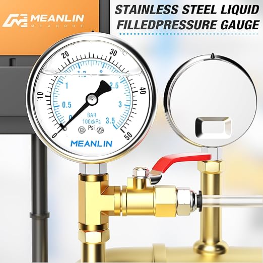 MEANLIN MEASURE 0~50Psi Liquid Filled Pressure Gauge Stainless Steel with 316 Stainless Steel Joint 1/4" NPT 2.5" FACE DIAL for Pool Sand Filter Water Oil Air Pressure Test Lower Mount