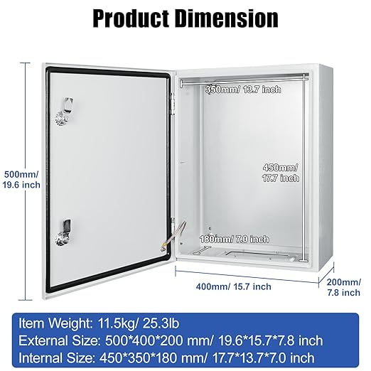 LeMotech Electrical Box 20 x 16 x 8 inch Steel Enclosure, IP66 Waterproof Dustproof Junction Box Wall-Mounted for Outdoor/Indoor Lockable with Equipment Mounting Plate