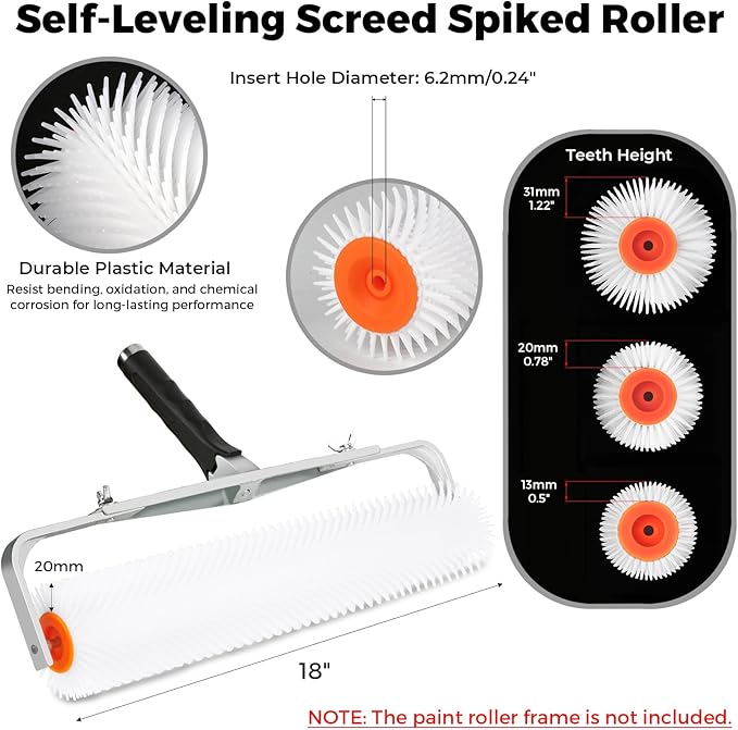 18" Self Leveling Concrete Spiked Roller: HexDorn 13/20/31mm Spiked Roller for Epoxy Floor, Screeding Compound Cement Concrete Paint, Bubble Remover (20mm)