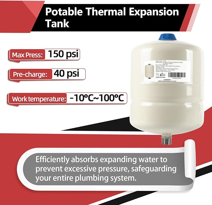 EFIELD Water Heater Expansion Tank, 2.1 Gallon, 3/4 in MNPT Connection, Thermal Pressure Protection, Safe for Potable Water,(TANK001)