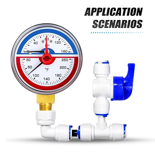 MEANLIN MEASURE 0-160Psi Thermal Pressure Gauge,0-250℉ 1/4" NPT 2.5" FACE DIAL, Boiler Temperature Pressure Gauge with Reset Pointer, with 1/2" NPT and 3/8" NPT Hex Bushing, Back Mount