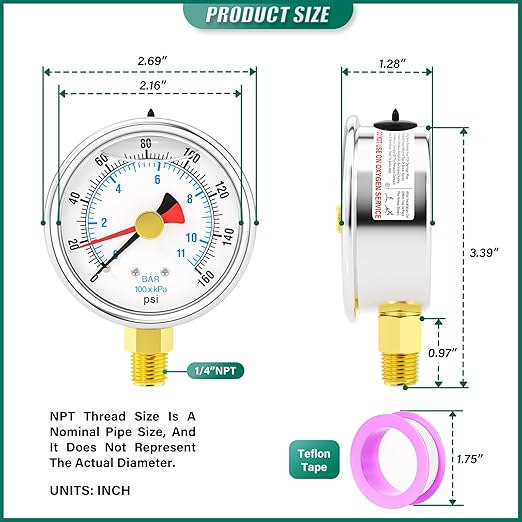 0-160PSI Stainless Steel with Reset Pointer Liquid Filled Pressure Gauge, 2.5" Dial Size, 1/4" NPT Lower Mount, for Tube, Water Pump, Gas, Liquid, Pressure Test