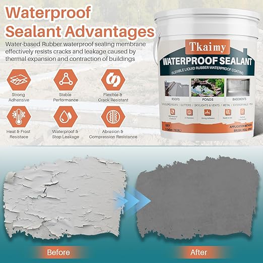 Waterproof Sealant 5 Gallon Light Grey, Large Capacity Polyurethane Waterproof Coating for Huge Area Fix Leaks & Cracks,Roofs,Pools,Warehouses,Garages,Basements,Indoor & Outdoor Sealant Coating