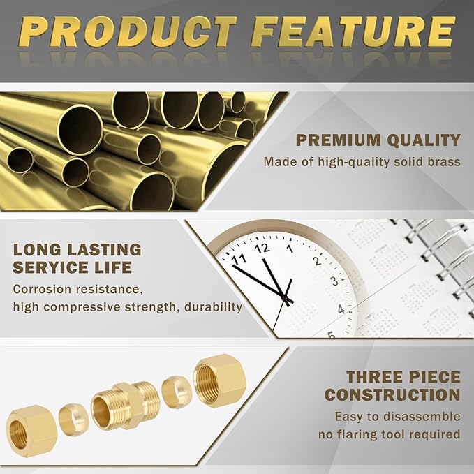 Brass Tube Pipe Compression Fitting, 10 Pcs 1/4" Tube OD x 1/4" Tube OD Ice Maker Water Line Compression Union Connector & 10 PCS Compression Sleeves Ferrules