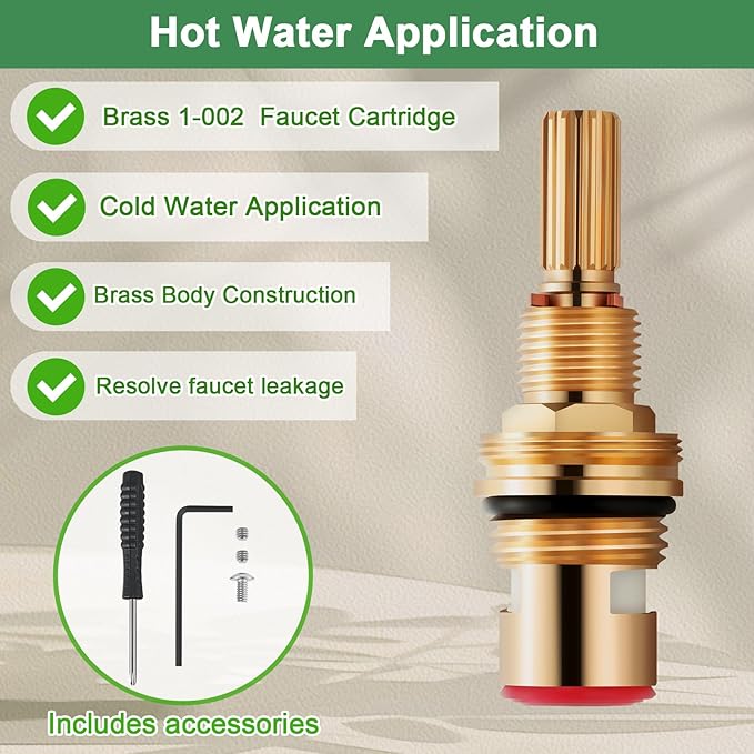 Brass 1-002 Hot Cartridge, Compatible With Brass 1-002 Cartridge, Faucet Cartridge for Bathroom Basin Faucet, Brass Constructio (1-002 Hot Cartridge)