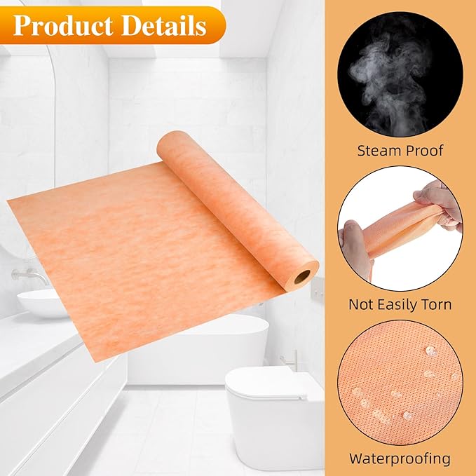 Waterproof Membrane for Shower,3.3ftx65ft Shower Waterproofing Membrane Uncoupling Band for Tile Wall Floor Bathroom Sauna Steam Room and Wet Areas,Tile Underlayment Seam Tape,23.6Mils Thick,214 Sq Ft