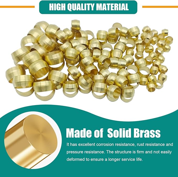 280PCS Brass Compression Sleeves Ferrules, 6 Sizes 1/2" 3/8" 5/16" 1/4" 3/16" 1/8" Tube OD Hose Compression Fitting Ferrule Kit for Air Water Fuel Oil and Inert Gases Line Repair