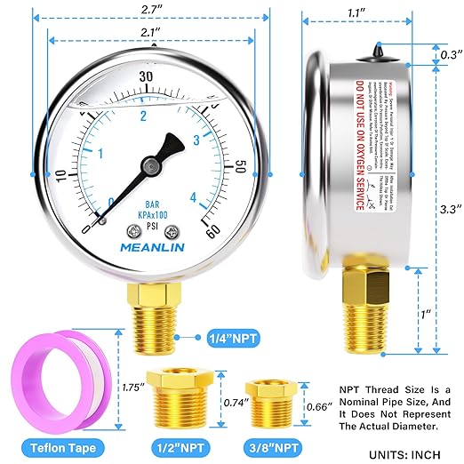 MEANLIN MEASURE 0~60Psi Stainless Steel 1/4" NPT 2.5" FACE DIAL Liquid Filled Pressure Gauge, Pool Sand Filter Pressure Test Lower Mount(Pack of 2) with 1/2" NPT and 3/8" NPT Hex Bushing