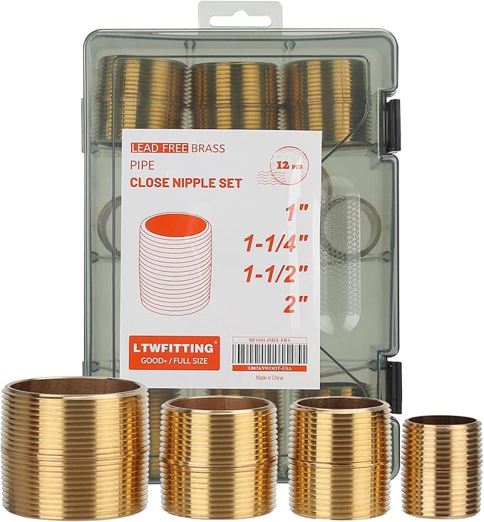 LTWFITTING Assortment Kit (1-Inch - 2-Inch) Close NPT Male Brass Pipe Close Nipple (Pack of 12)