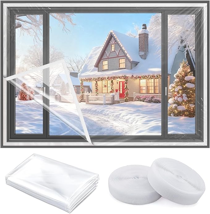 Window Insulation Kit for Winter, 47x63 Inch Cuttable Transparent Plastic Film with Adhesive Tape, Reusable Winterizing Cover for Thermal Insulation Easy to Install & Remove