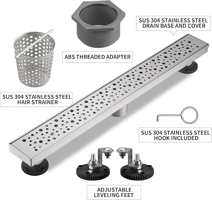 Linear Shower Drain 28 Inch, Bubbles Shower Drain SUS-304 Stainless Steel, 51L/Min Fast Drainage Floor Linear Drain, US Standard CUPC Certified, Brushed Silver, SD-099
