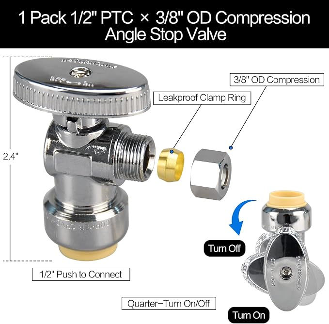10pcs Stop Valves, 1/2" × 3/8" Angle Stop Valve, 1/2" PTC Input, 3/8" OD Compression Output, Push to Connect, 1/4 Turn, Chrome Plated Brass for Faucet, Toilet Valves, No Lead