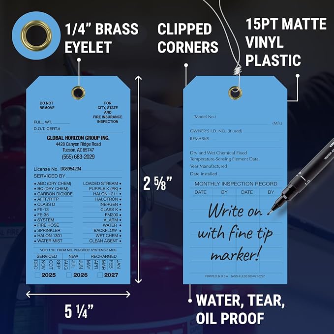 Tags 4 Less Custom Fire Extinguisher Tags – Preventative Maintenance Labels for Monthly Inspections, Alternative to Safety Sticker for Easy Record-Keeping – Pack of 100 (Dark Blue, Vinyl Plastic)
