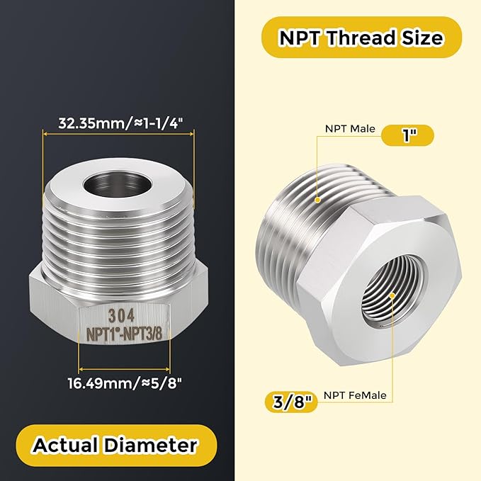 METALLIXITY 1PCS 1" Male NPT x 3/8" FeMale NPT Thread 304 Stainless Steel Hex Bushing Extension Tube Adapters Convert for Water Tub Spout/Shower