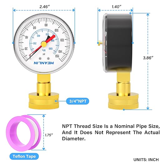 MEANLIN MEASURE 0~150Psi 3/4" Female Water Pressure Test Gauge, 2.5" FACE DIAL with Red Indicator Hands, Hydraulic Tester Suitable for Gardens, Water Pipes