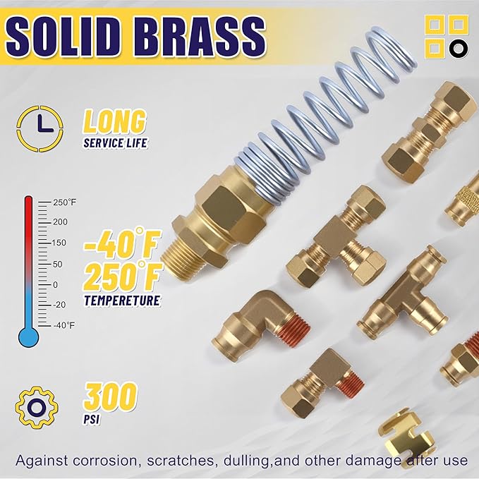 200 Pcs Brass DOT Air Brake Line Fittings & Air Nylon Tube Compression Fittings & Air Brake Hose End Fittings Assortment Kits,1/4" 1/8" 3/8" 1/2" NPT Air Hose Fittings
